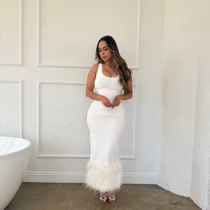 White Sleeveless Dress with Feather Hem